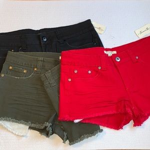 3 PAIRS Distressed Raw Edge Red, Black, Gray 5 Pocket Denim Shorts